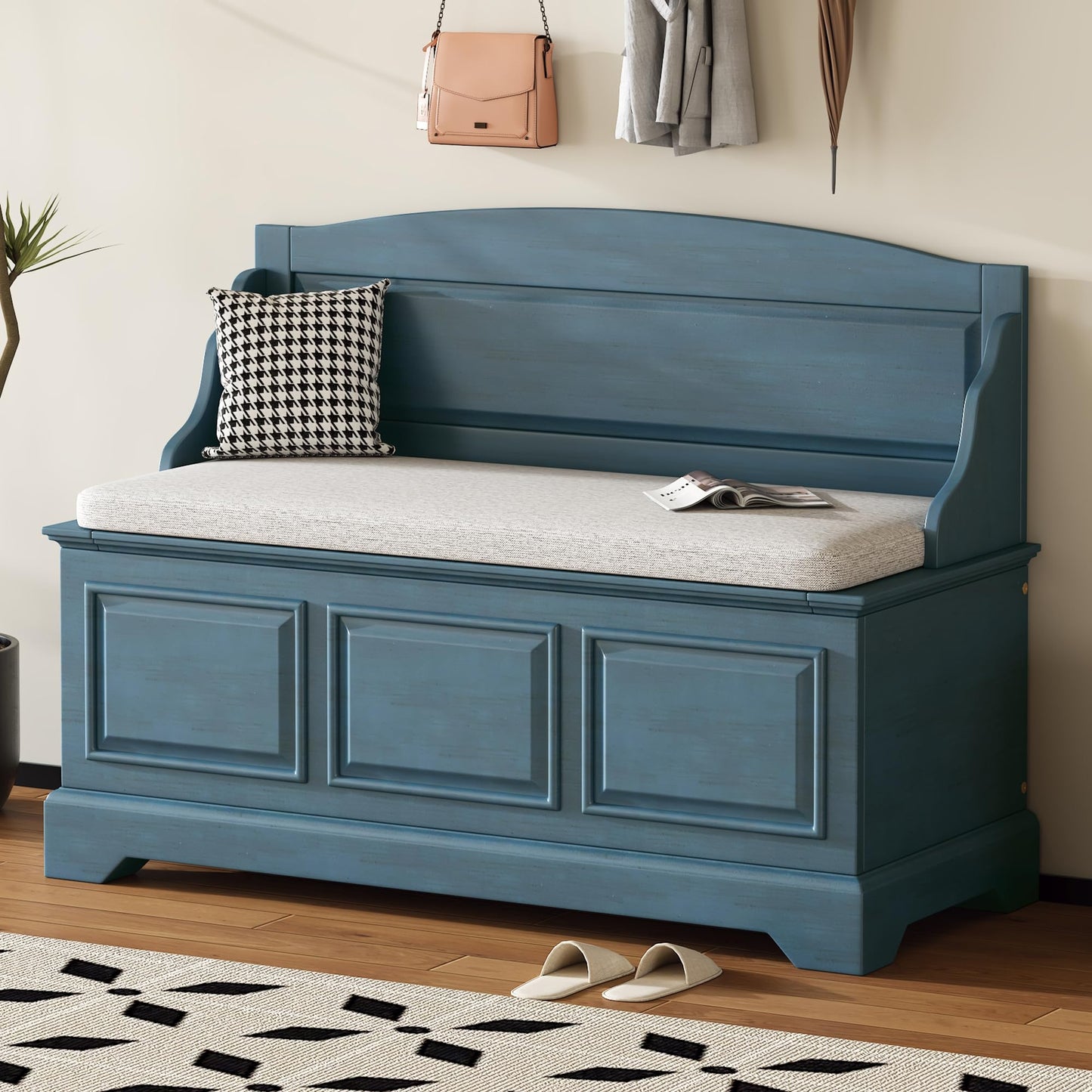 Merax 41.7" Retro Shoe Storage Bench with Safe Soft-Close Devices and Hidden Storage for Living Room and Entryway,Antique Navy