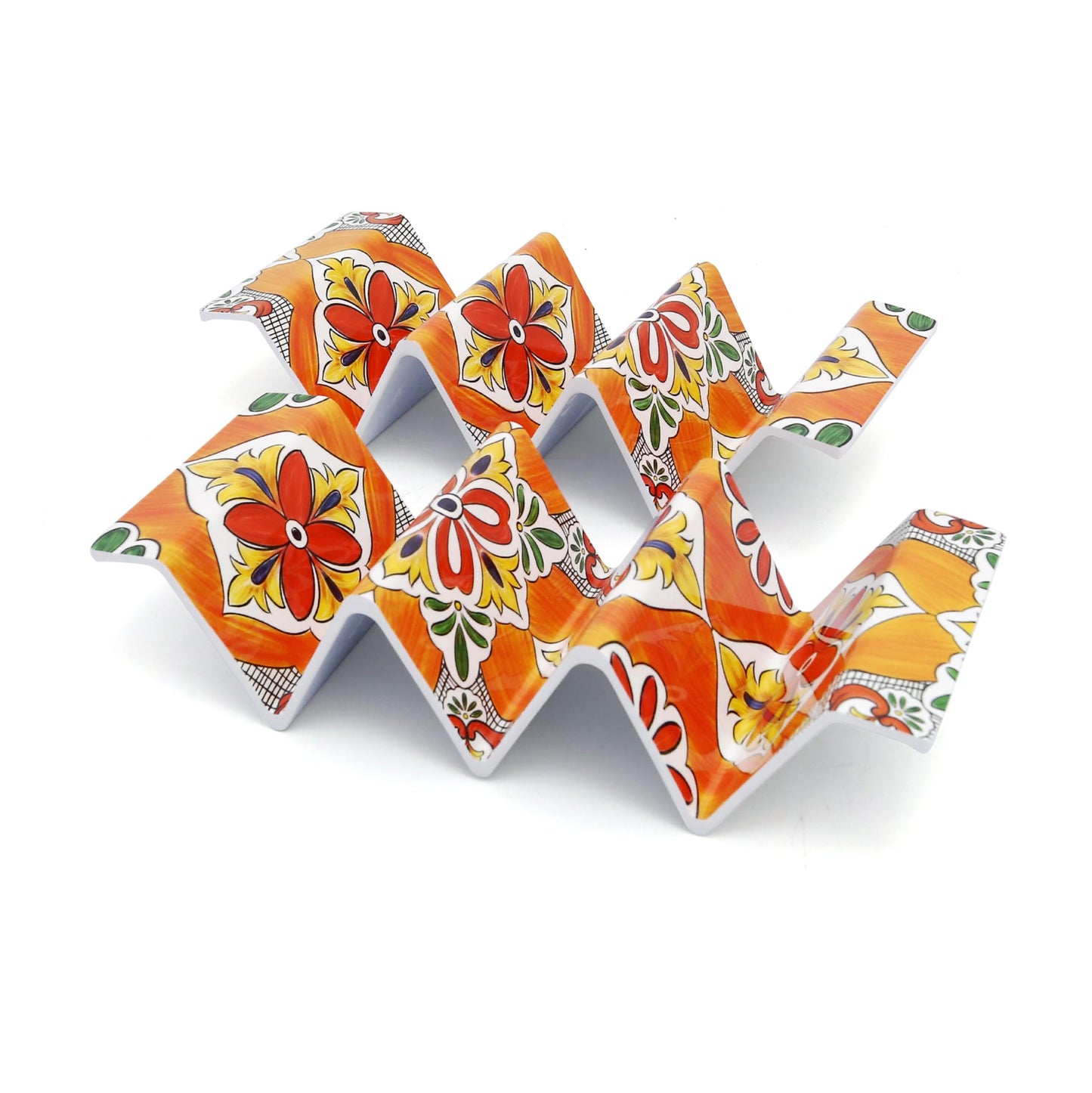 TP Taco Holder Stands, Set of 2 Melamine Large Taco Serving Rack Tray with Handle, Holds 3 Tacos, Dishwasher Safe, Ideal for Taco Night, Party, Home, Fiesta, Talavera Bloom