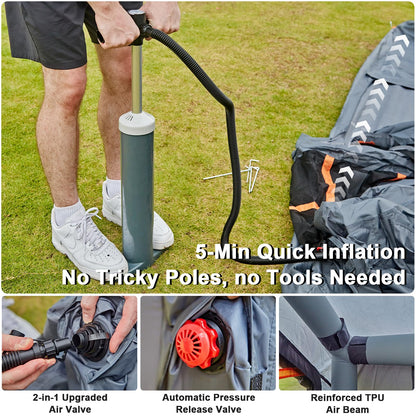 Inflatable Tents for Camping, 4-6 Person Easy Blow Up Tent with Hand Pump,4 Seasons Waterproof Air Inflatable Camping Tent House for Family Weekend Camping，Grey