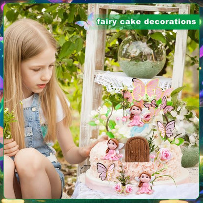 Kigley 38 Pcs Fairy Cake Toppers Garden Topper Fairy Cake Decoration Pink Mushroom Butterfly Flowers Dessert Decoration for Birthday Baby Shower Party Favors