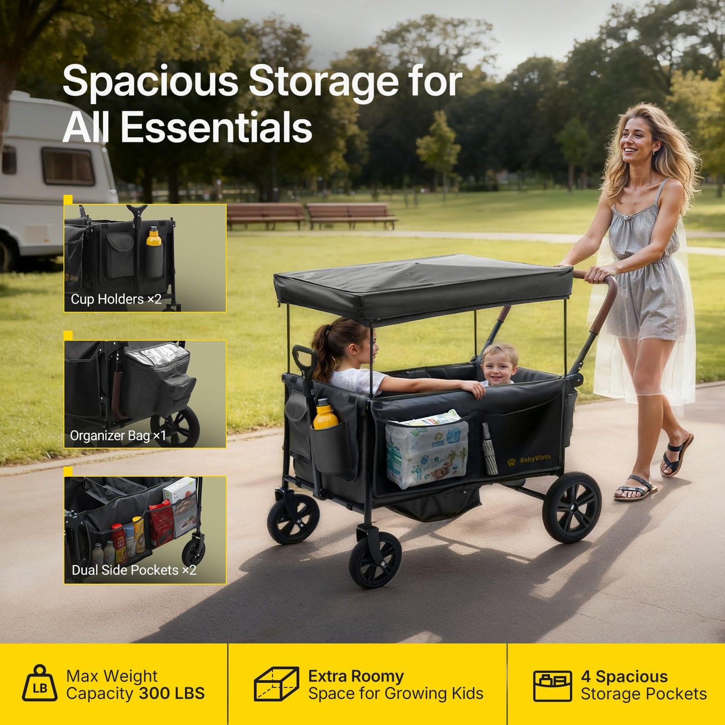 BabyVista Stroller Wagon for Kids, One-Hand Adjustable Push/Pull Handle, Spacious Storage, 8"/12" All-Terrain Wheels, Canopy with Bug Net, Wagon Stroller for Daily Walks, Short Trips & Grocery Runs