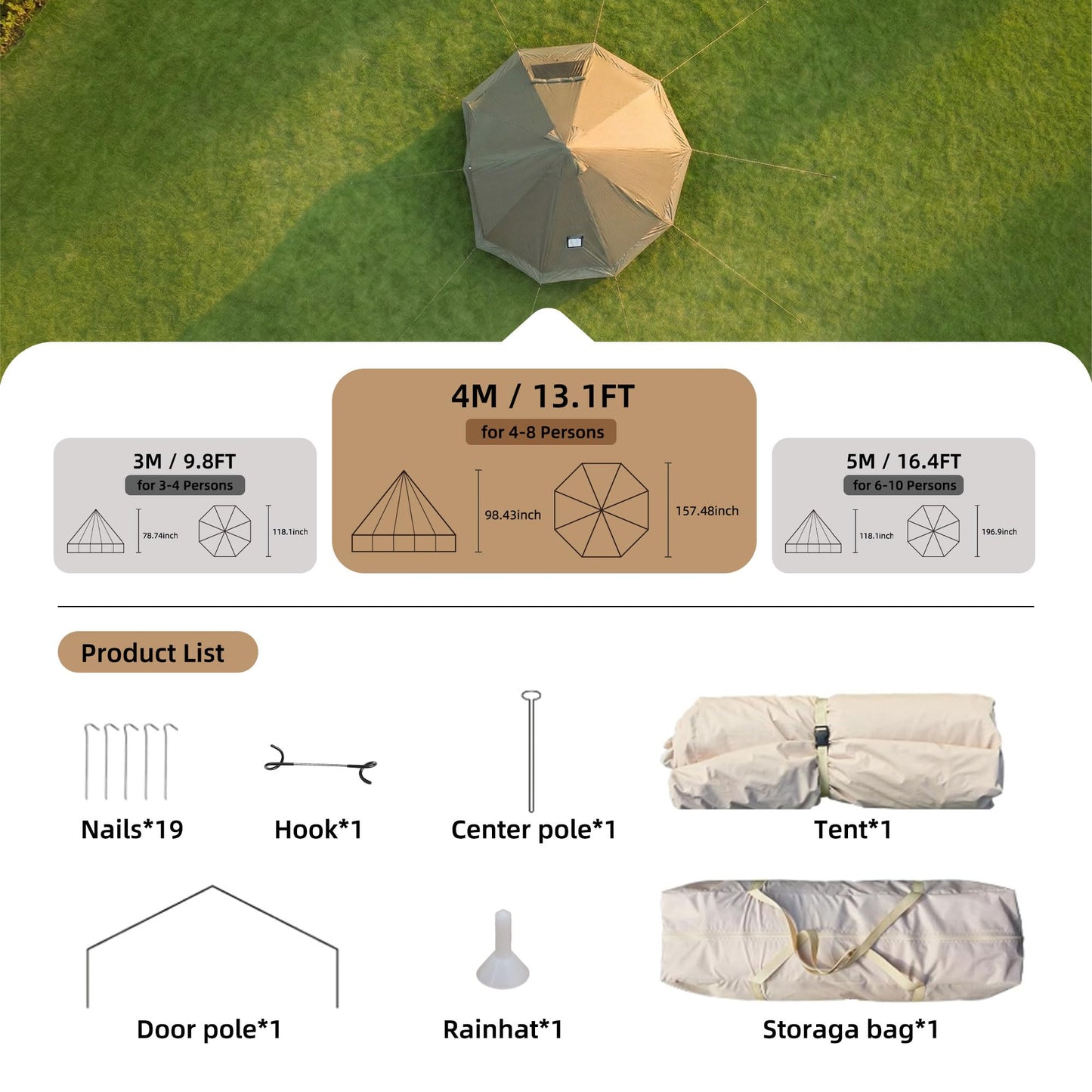 KEIKI 4 Season Canvas Bell Tent 13.1 FT Waterproof All Weather Glamping Yurt Tent, Luxury Hot Tent Stove Jack, Breathable Large Family Camping Teepee for 6 People Outdoor Adventure & Party, Beige
