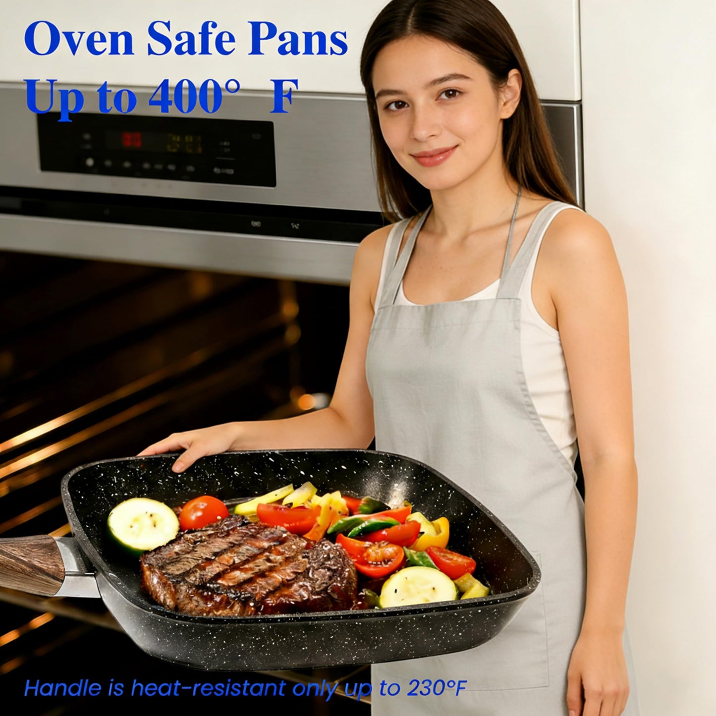 Simple Deluxe 3 Pieces Nonstick Grill Pan Set, Square Versatile Griddle Pans with Wooden Handle, Durable Skillet Indoor & Outdoor Use, All Stovetops Compatible(9.5", 10.2", 11"), PFOA Free, Black