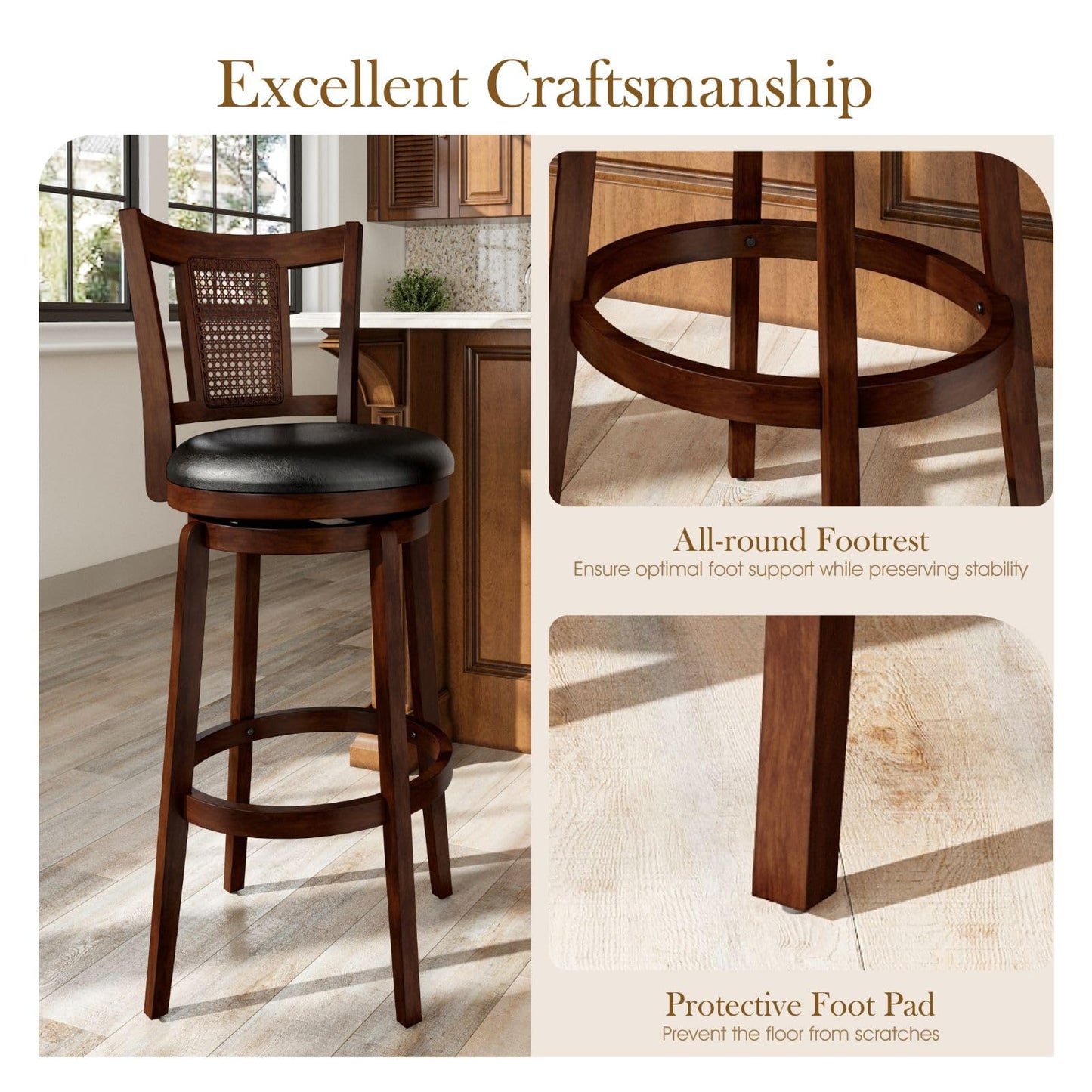 Sophia & William Swivel Bar Stools Set of 2, Bar Height Barstools with Backrest & Solid Wood Legs, Brown Faux Leather Kitchen Stools, 30 Inch
