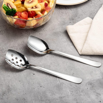 IMEEA 8-Inch Compact Flat Bottom Scraping Cooking Spoon Set of 2, 18/8 Stainless Steel Slotted & Solid Stirring Spoon, Small Kitchen Spoon for Sauces, Eggs, Instant Pot, Small Pan & Bowl