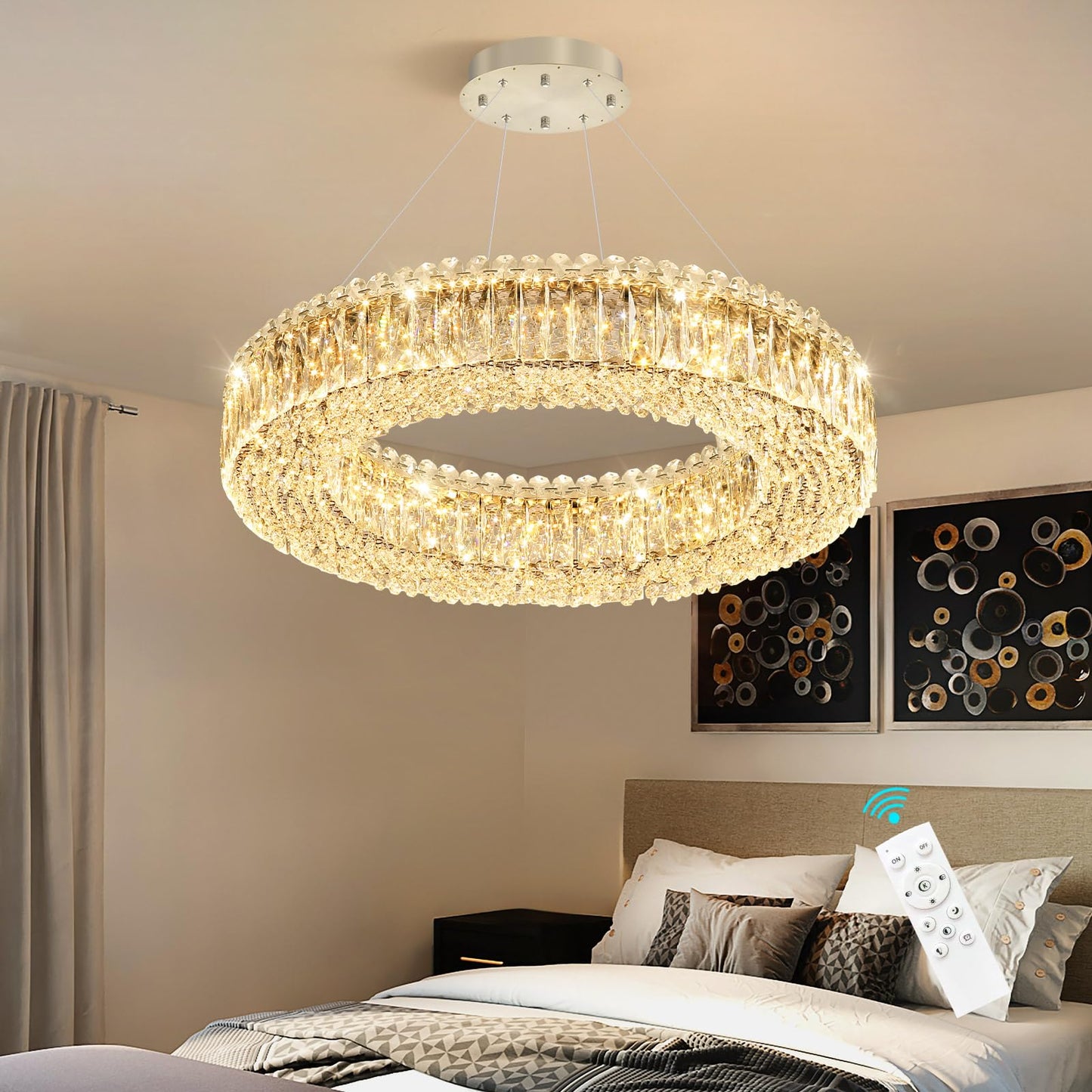 24'' Modern Crystal Chandeliers Large Ring Chandelier for Living Room LED Dimmable Ceiling Light for Dining Room High Ceiling Chandeliers for Foyer Entryway Silver