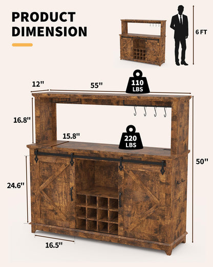 IDEALHOUSE 55" Farmhouse Coffee Bar Cabinet with Power Outlet & LED Light - Sliding Barn Door Buffet with Removable Wine Rack, 2-Tier Drawers, for Kitchen, Dining & Living Room, Brown