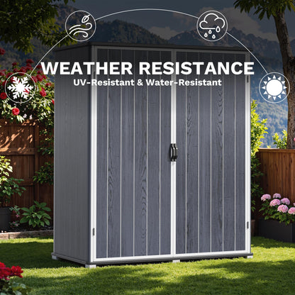 Devoko 5x3 FT Plastic Storage Shed with Floor, Small Resin Vertical Outdoor Storage Cabinet with Lockable Door, Waterproof Tool Garden Shed for Patio Lawn Backyard, Dark Gray