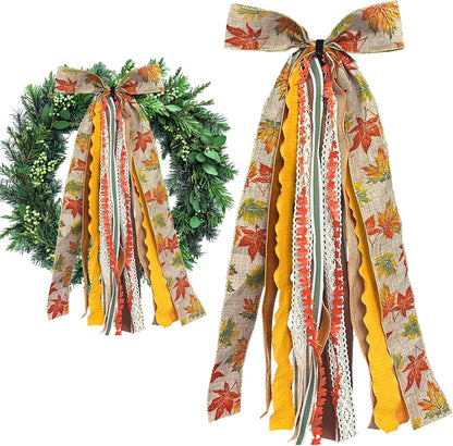 Skiennix Large Fall Ribbon Bow - Assorted Orange Maple Leaves Fabric Ribbons for Thanksgiving Decor