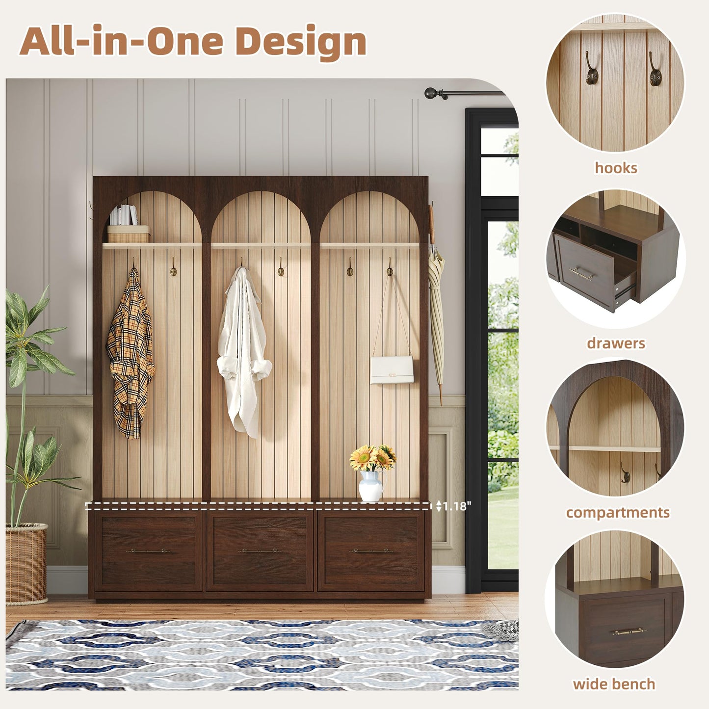 Merax Farmhouse Wood Hall Tree with Shoe Bench and 3 Drawers, 4-in-1 Coat Rack with 8 Hooks for Entrance, Hallway, Mudroom Dark Walnut