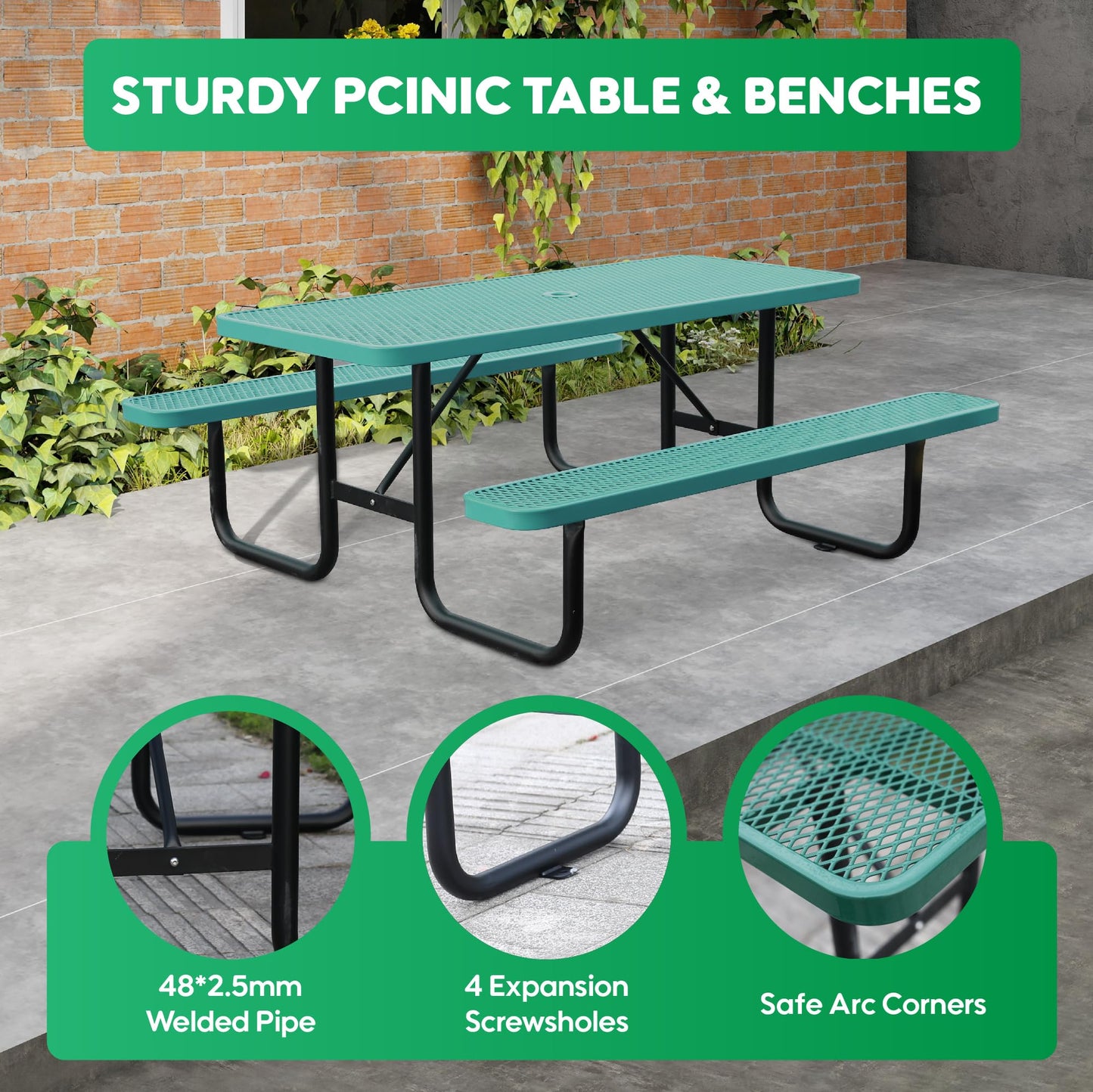 4FT Metal Picnic Tables for Outdoors, Commercial Rectangular Picnic Table and Bench Set for Outside, Patio, Garden, Backyard, Porch, Surface Mount, Green