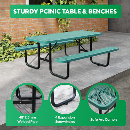 4FT Metal Picnic Tables for Outdoors, Commercial Rectangular Picnic Table and Bench Set for Outside, Patio, Garden, Backyard, Porch, Surface Mount, Green