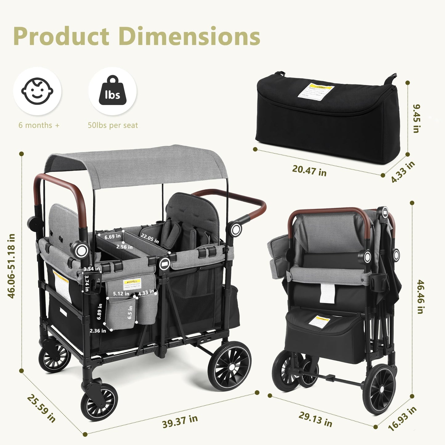 Kinder King Wagon Stroller for 4 Kids, All-Terrain Foldable Outdoor Stroller Wagon 4 Seater, Removable Canopy, Adjustable Handle, Detachable Tray, Black&Grey