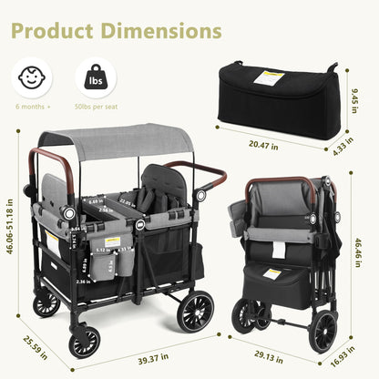 Kinder King Wagon Stroller for 4 Kids, All-Terrain Foldable Outdoor Stroller Wagon 4 Seater, Removable Canopy, Adjustable Handle, Detachable Tray, Black&Grey