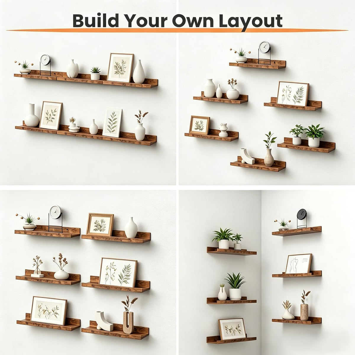 Upsimples Floating Wall Shelves - Set of 6 Decorative Wood Shelves for Bedroom, Living Room, Kitchen | Brown