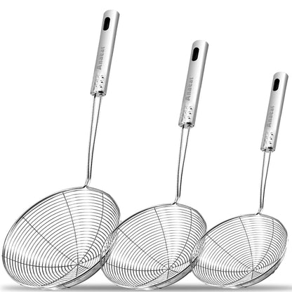 Anaeat Stainless Steel Spider Skimmer, Set of 3 Professional Kitchen Pasta Strainer Spoon with Long Handle - Asian Strainer Ladle Wire Skimmer Spoons for Cooking and Frying (4.5"+5.3"+6.1")