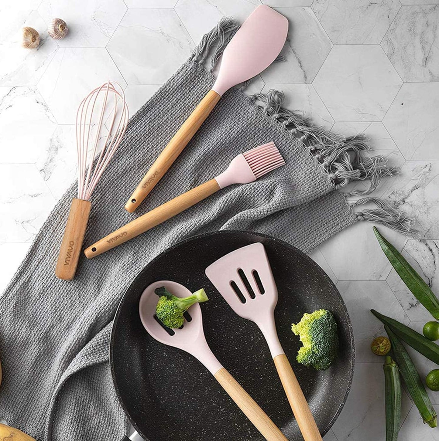 Silicone Cooking Utensil Set, 12 Pieces with Wooden Handles, Kitchen Spatula Sets with Holder Spoon Turner Tongs