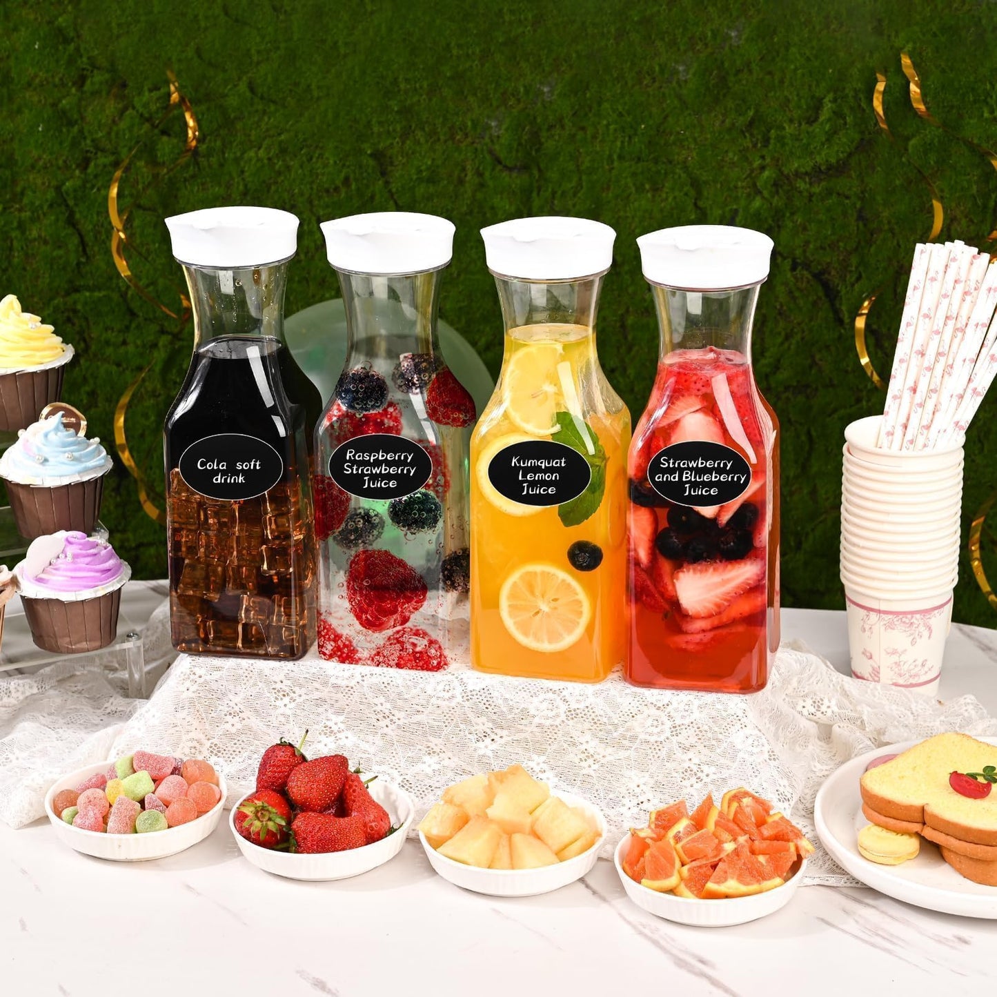Set of 4 Plastic Carafe with Lid, 1 Liter Mimosa Bar Supplies, Large Square Base Juice Containers, Water Bottle, Milk Container, Clear Beverage Containers for Fridge - HAND WASH ONLY