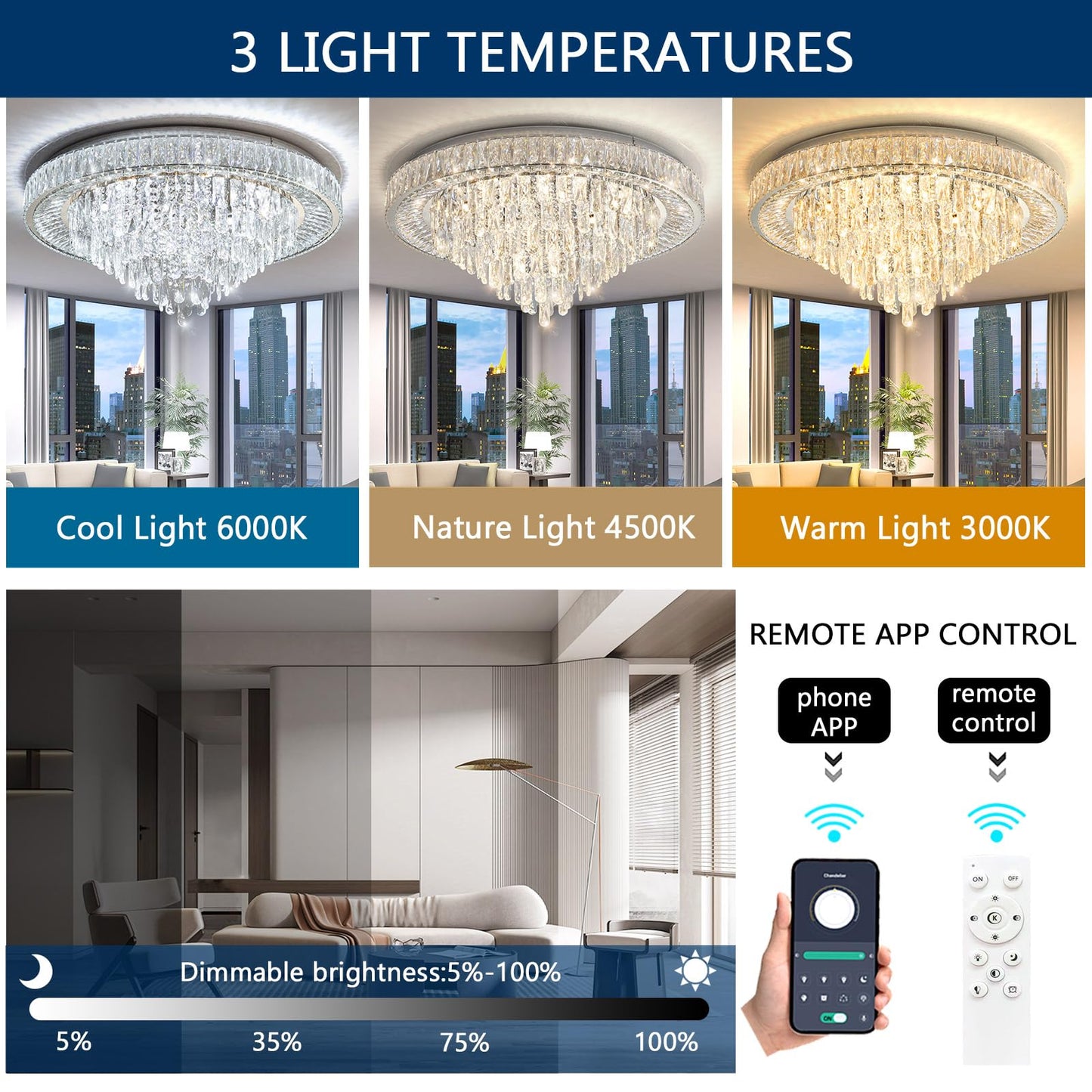 dolria Modern Chandeliers for Living Room Crystal Ceiling Light Fixture LED Dimmable Lamp with Remote Pendant Lighting Flush Mount Ceiling Lighting for Dining Room Bedrooms