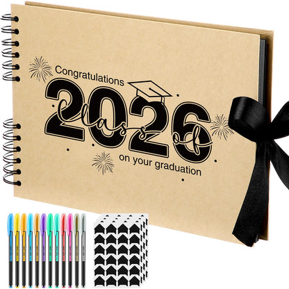 Dunzoom 80 Pages Graduation Scrapbook Kit 11 x 8 Inch Photo Album of 2026 Graduation Decoration with 12 Metal Pens and 4 Sheets Stickers for DIY School Congrats Grad Memory Book to Sign(Brown)