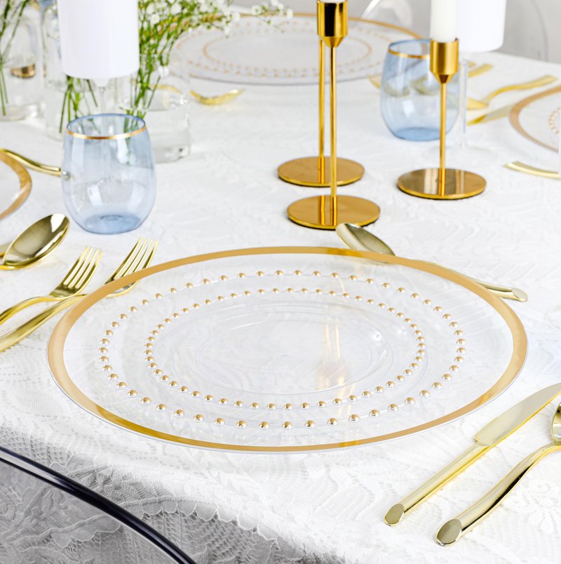 PLASTICPRO 32 Piece Combo Plastic Dinner Plates Disposable Plastic Fancy Heavy Duty Party Dishes 7 inch and 10 inch, Clear and Gold Beaded
