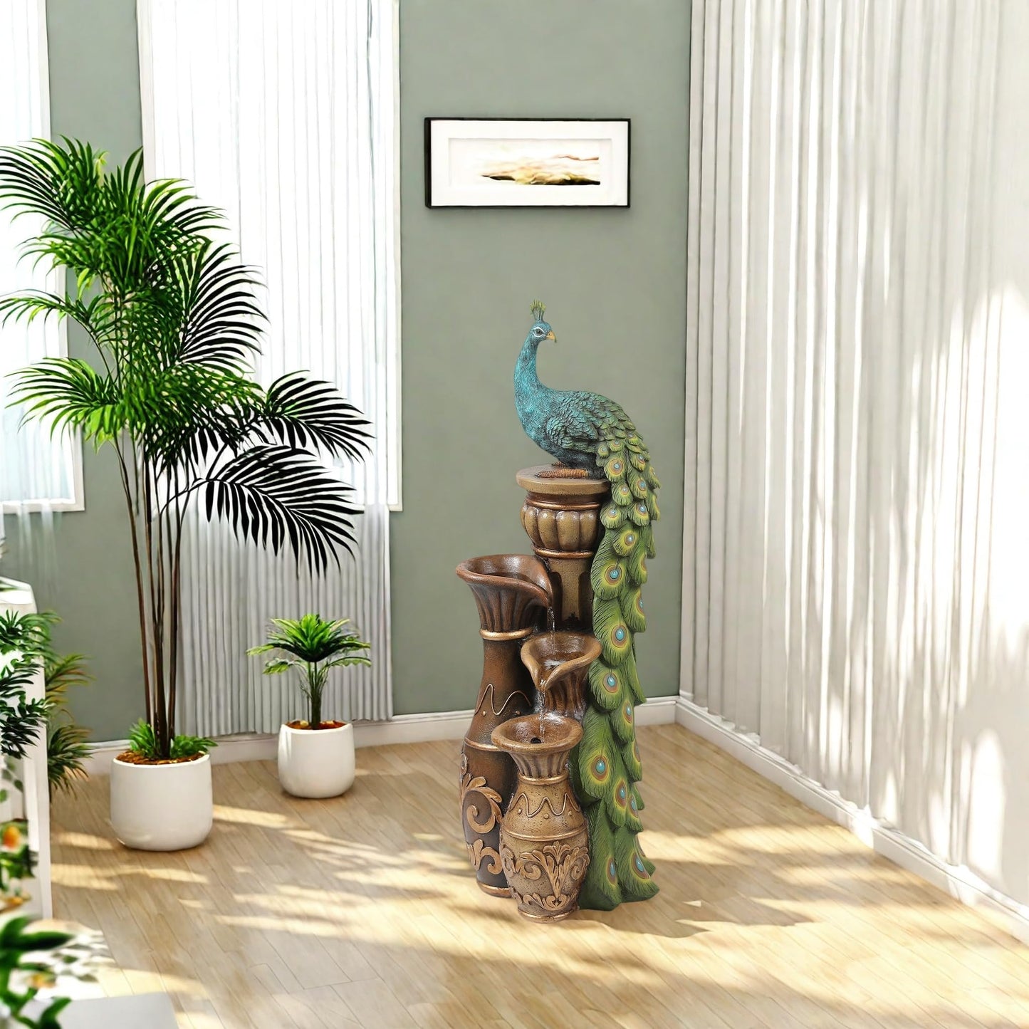 LuxenHome Outdoor Water Fountain, 44 Inch Resin Peacock Water Fountain Outdoor with Urns and LED Light, Tall Fountains Outdoor for Garden, Waterfall for Patio, Brown/Teal