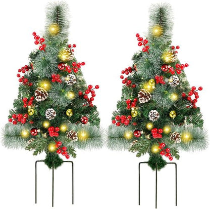 Juegoal Pre-Lit Pathway Christmas Trees - 30 Inch Artificial Urn Filler with 60 LED Lights, Red Berries & Pine Cones
