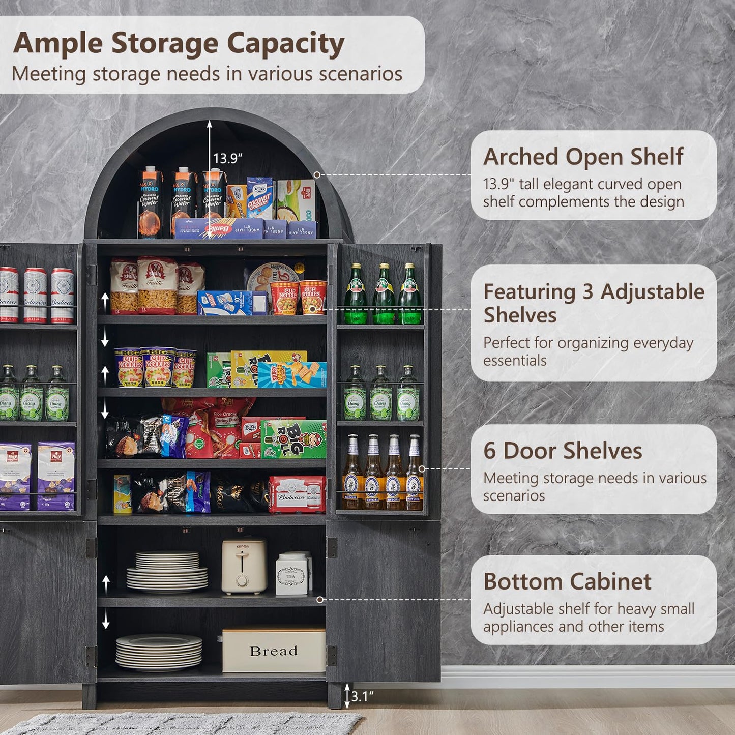 IFGET 71" Tall Arched Kitchen Pantry, Modern Fluted Wood Storage Cabinet with Doors, 3 Adjustable Shelves, 6 Door Shelves, Organizer, Versatile Cupboard for Kitchen,Bathroom, Dark Gray