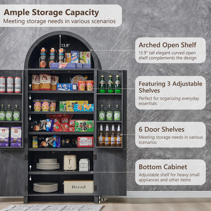 IFGET 71" Tall Arched Kitchen Pantry, Modern Fluted Wood Storage Cabinet with Doors, 3 Adjustable Shelves, 6 Door Shelves, Organizer, Versatile Cupboard for Kitchen,Bathroom, Dark Gray