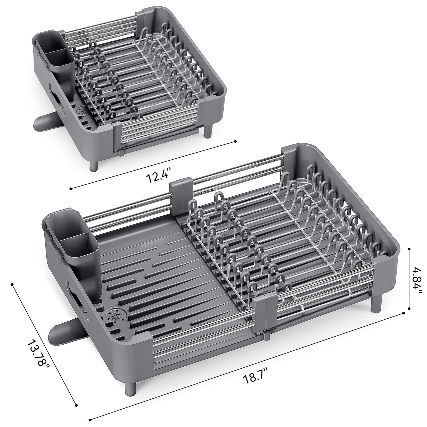 Urackify Stainless Steel Dish Drying Rack - Dish Drainer for Kitchen Counter, Extendable Drainboard with Foldable, Space-Saving Cup & Bowl Organizer, Includes Knife and Utensil Holder, Gray