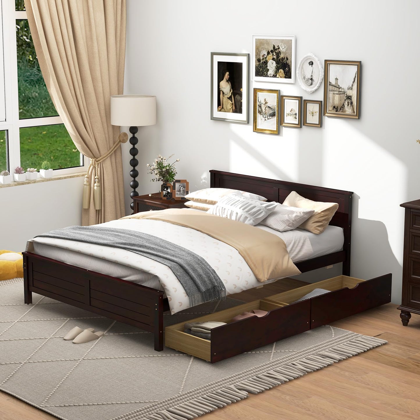GOFLAME Full Size Bed Frame with 2 Drawers, Platform Bed with Solid Wood Headboard & Footboard, Wood Slats Support Mattress Foundation, Under Bed Storage, No Box Spring Needed, Easy Assembly, Espresso