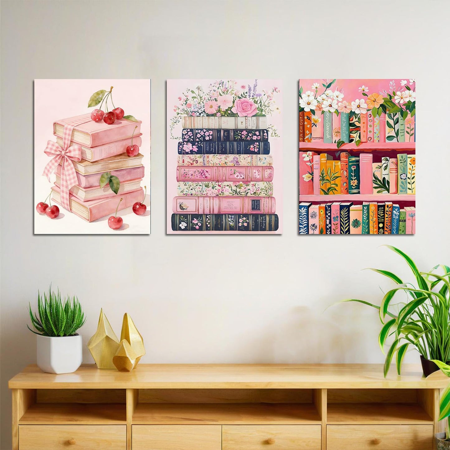 bleihum Pink Book Diamond Art Kits for Adults Beginners, 3 Pack 5D Diamond Painting Kits for Adults, Flowers Books DIY Round Full Drill Gem Art and Crafts Home Decor 12x16 Inch