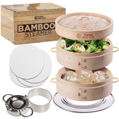 Bamboo Steamer 10 Inch 2 Tier Wooden Basket With Handle, Ring Adapter, Reusable Silicone Liner, Adapter, Molder Press For Cooking Vegetables Dumpling Press & Dough Cutter for Steaming Chinese Asian Food & Bao Bun, Dim Sum Potsticker