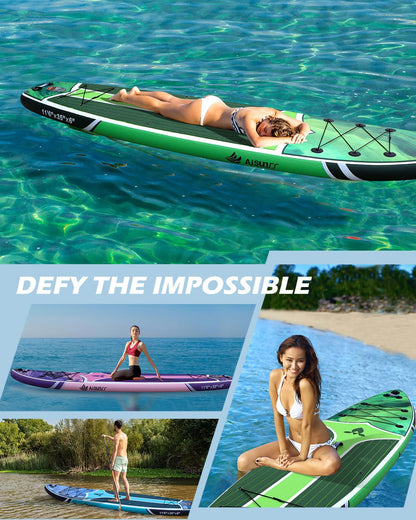 AISUNSS 11'6''x35'' Super Wide Inflatable Paddle Board, 450lb Capacity Premium Stable SUP Board for 2+1 People/Family w/100L Backpack, Dual-Action Pump, Safety Leash (Green Oil Painting)