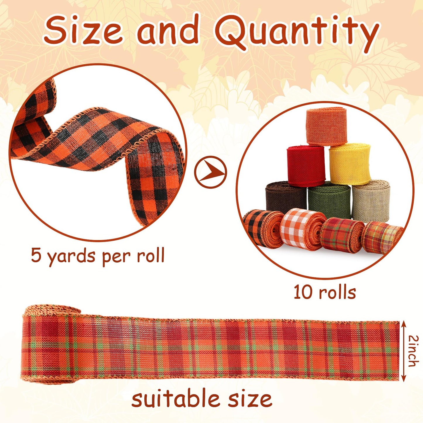 Whaline 10 Rolls 50 Yard Fall Plaid Burlap Ribbon 2 Inch Decorative Wrapping Ribbon for Autumn Harvest Thanksgiving Party DIY Crafts Bow Wreath Making Supplies