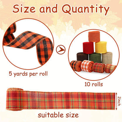 Whaline 10 Rolls 50 Yard Fall Plaid Burlap Ribbon 2 Inch Decorative Wrapping Ribbon for Autumn Harvest Thanksgiving Party DIY Crafts Bow Wreath Making Supplies