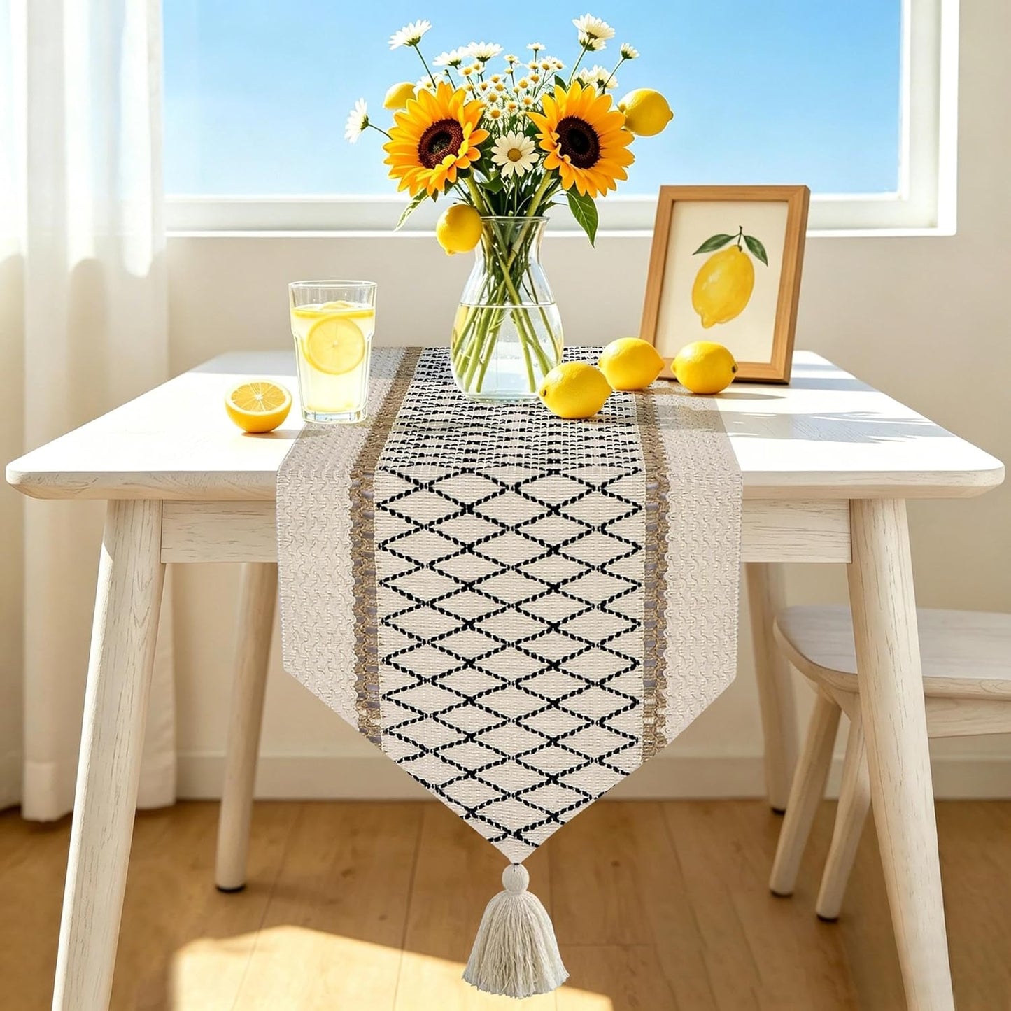 12 46 Inches, yuboo Boho Table Runner Triangular End * Coffee Table Runner with Tassels, Macrame Dresser Runners Scarf