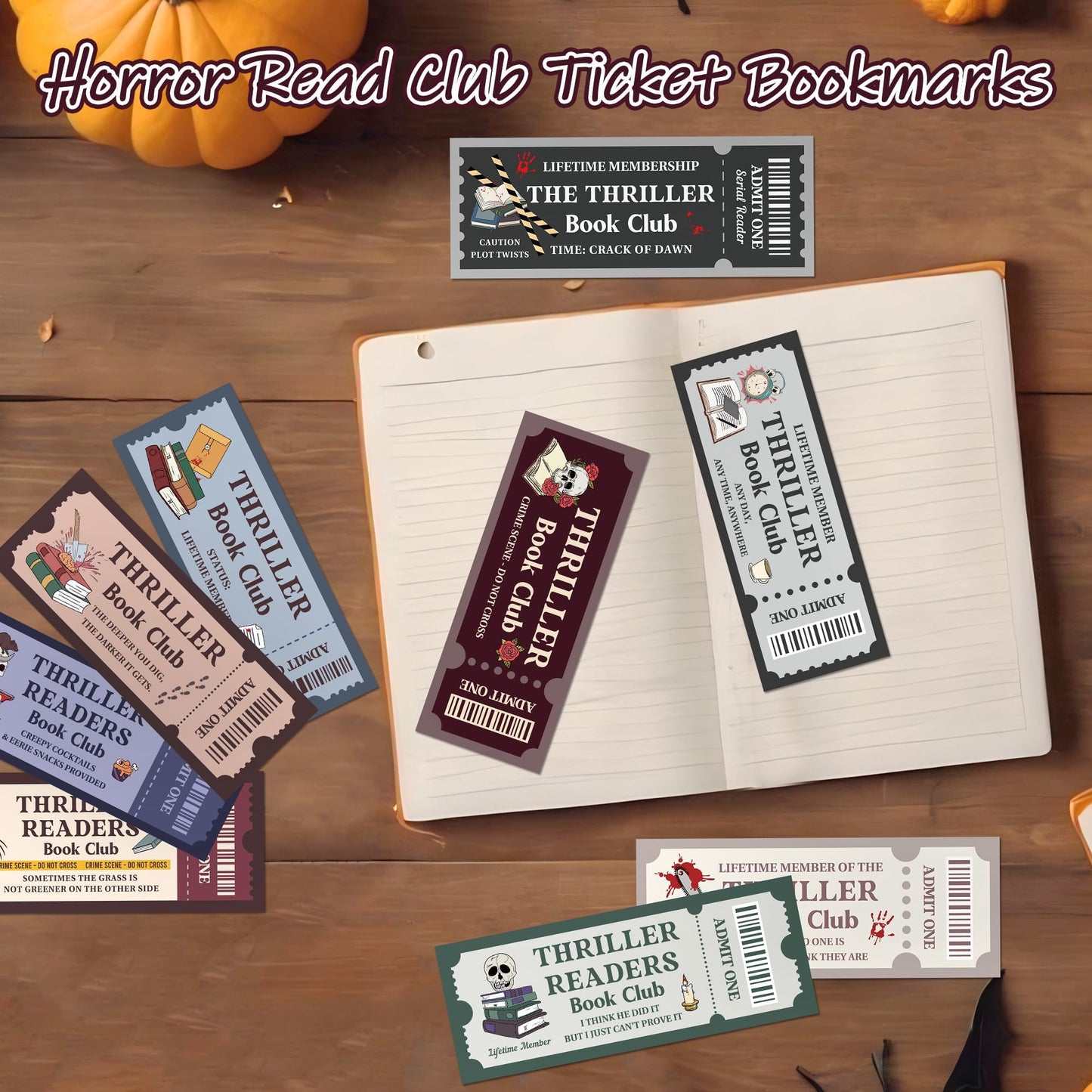 Laffact Halloween Thriller Book Club Bookmarks - 120 Horror Ticket Style Reading Tracker, Double-Sided Page Marker, Thanksgiving Christmas Birthday Bookish Gifts for Book Lover Rewards School Library