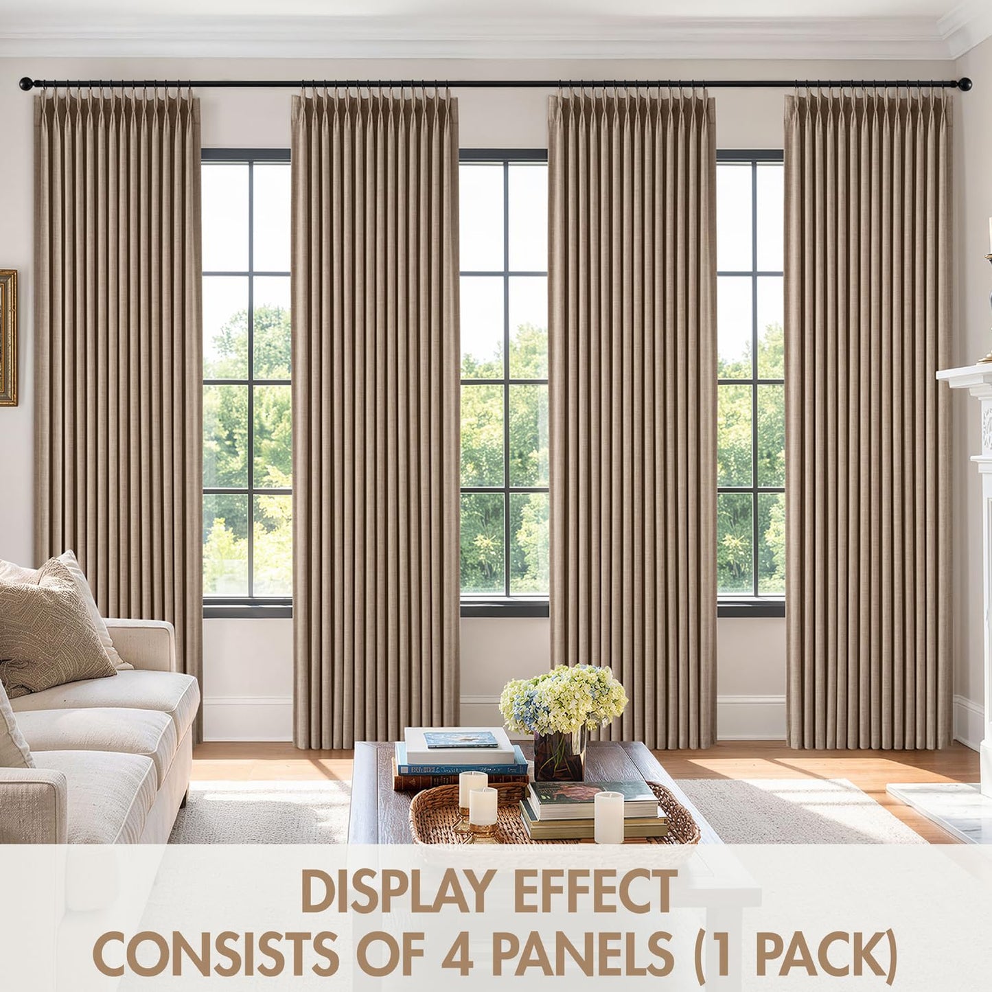 MIULEE Pinch Pleated 100% Blackout Curtains 108 Inch Long 4 Panel Set for Bedroom Thick Linen Memory Trained Pleat Living Room Darkening Back Tab Double Layer Thermal Insulated Drapes, Linen