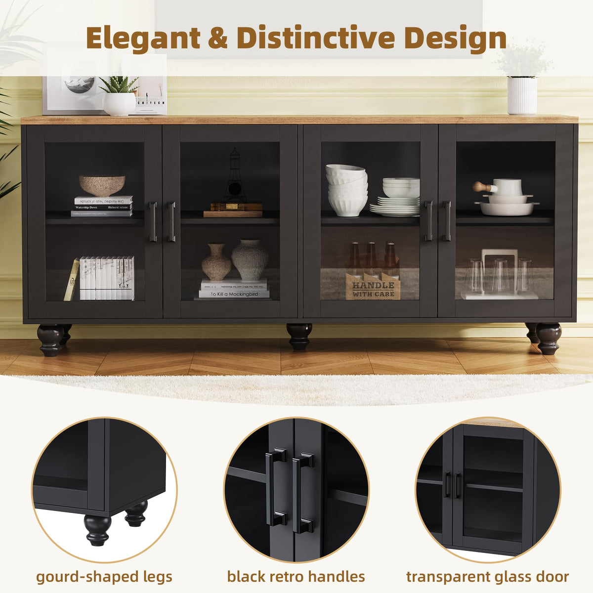 Ball & Cast Farmhouse TV Stand with Tempered Glass Doors for TVs up to 70",Sideboard Buffet w/5 Solid Wood Gourd-Shaped Legs & Adjustable Shelf,Entertainment Center for Living Room,Black+Natural