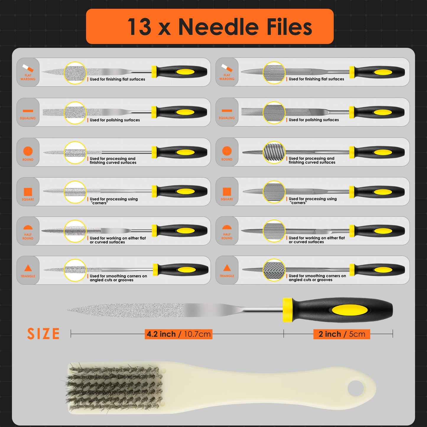 kapoua Small File Set, Needle Diamond File 13PCS, 6pcs Jewlers Files & 6pcs Steel Files Precision Metal Work, Woodworking, Plastic Carving Tool with Steel Brush and Carry Case