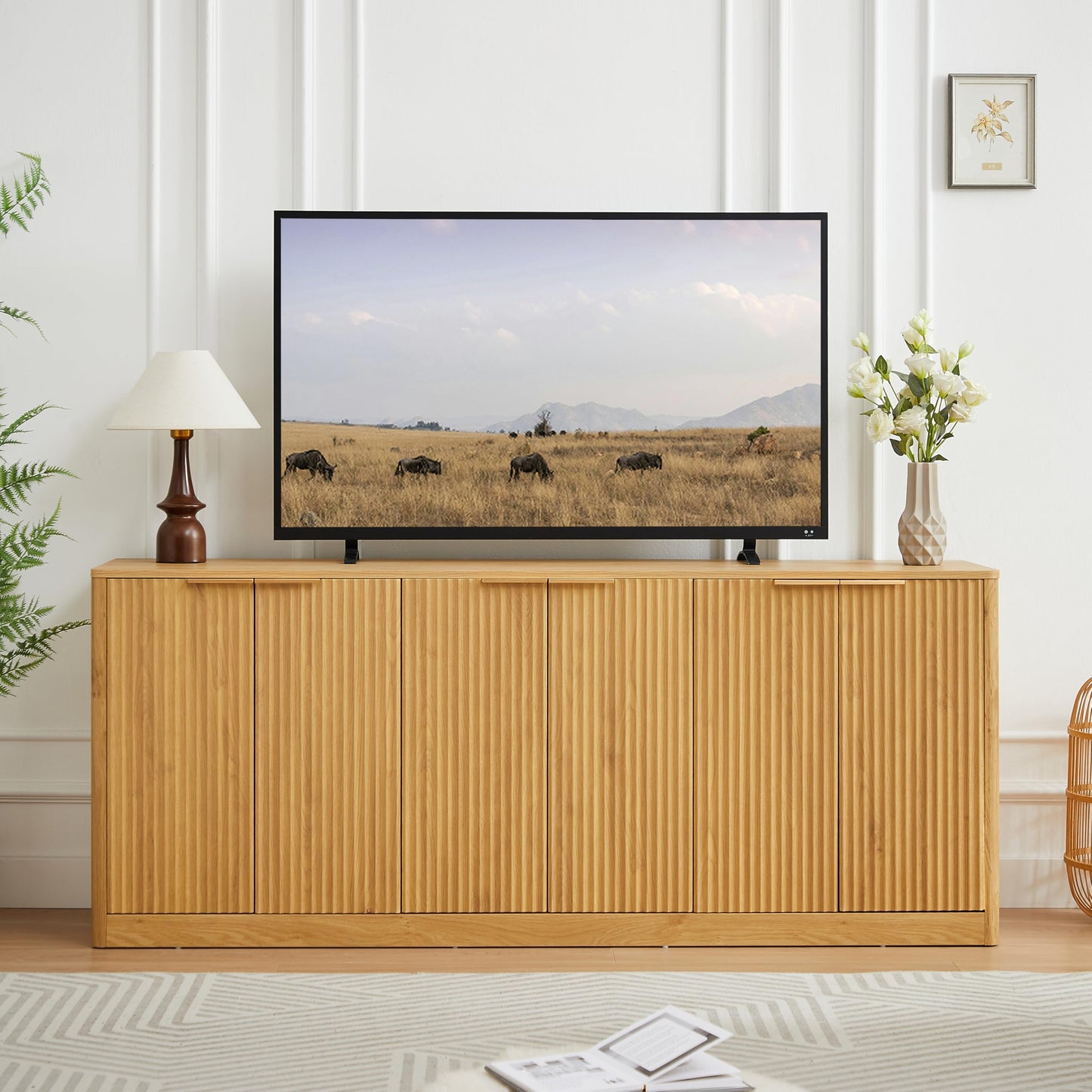 Ball & Cast 67" Modern Fluted Sideboard Buffet Cabinet with Storage,Curved Design Kitchen Coffee Bar Cabinet with 6 Doors & Shelves,Wood Credenza Cabinets Media Console for Living Room,Natural
