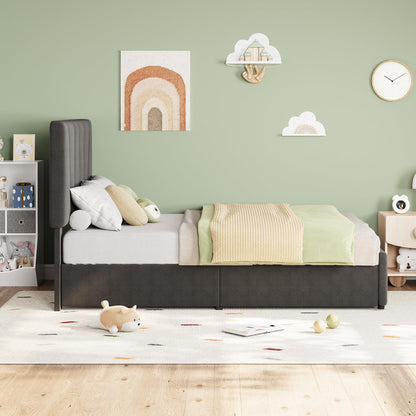 Twin Size Bed Frame with Upholstered Headboard & 2 Storage Drawers with Wheels, Platform Bed Frame with Wooden Slat Support, Adjustable Headboard, No Box Spring Needed, Noise-Free, for Bedroom