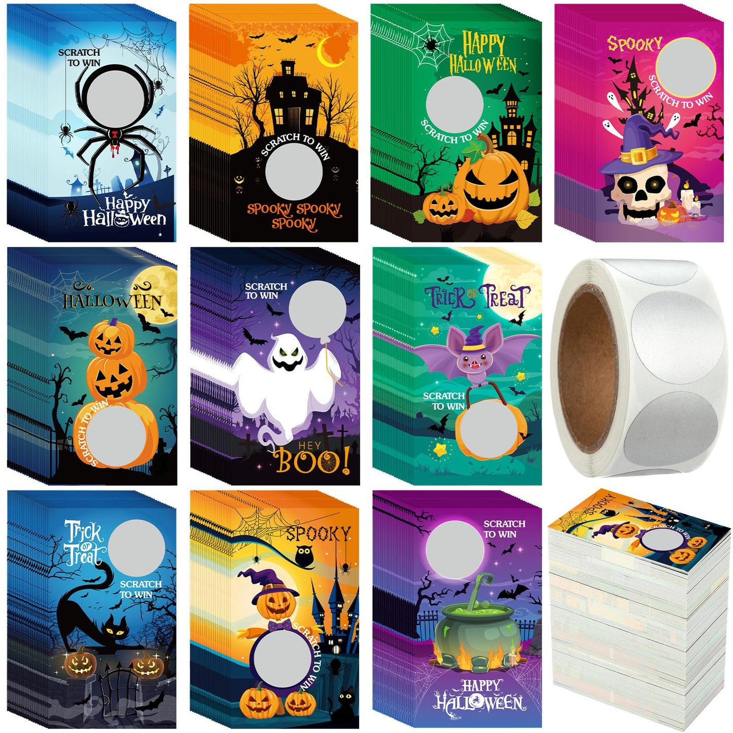 WinnerWhy 200 Pcs Halloween Scratch Off Cards 10 Styles Holiday DIY Scratch Blank Gift Certificates with 300 Stickers Halloween Cards for Adults Groups Party Favor Prizes Business