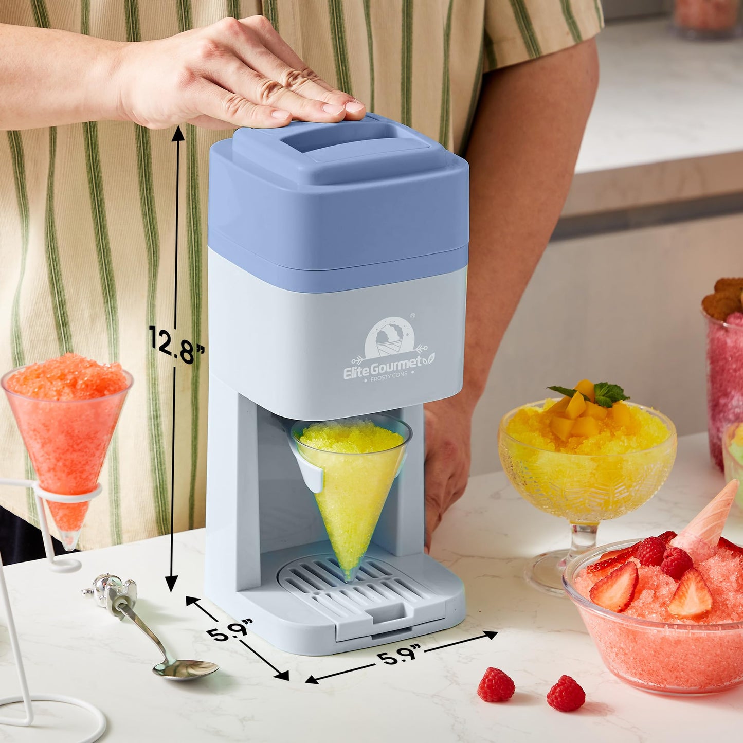 Elite Gourmet Snow Cone & Shaved Ice Maker, ESI2215P, Refreshing Slushies, Margaritas, Boba Drinks, Snow Cone & Holder and Ice Mold, Use Cubed & Bagged Ice, Stainless Steel Shaving Blade, Periwinkle