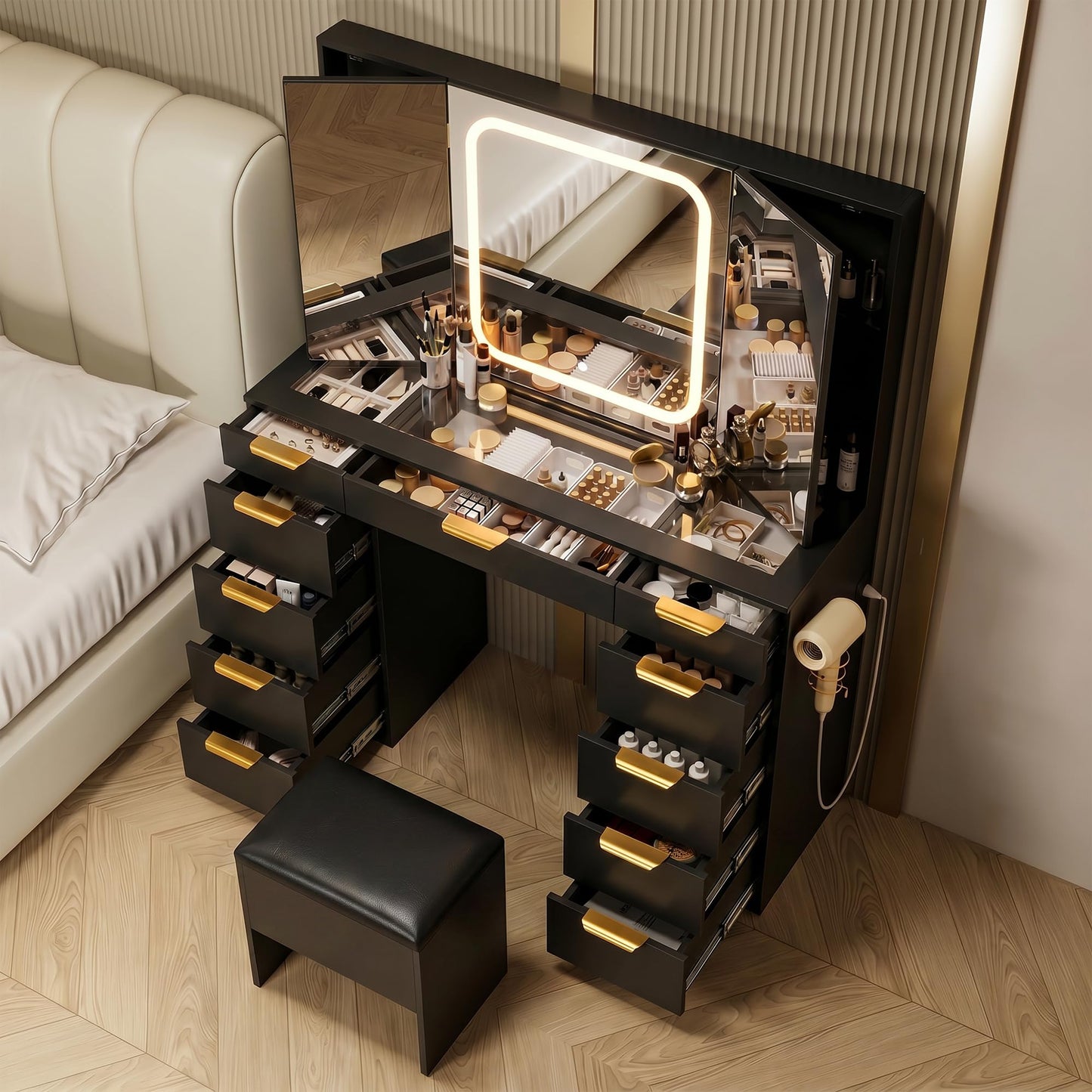 Fkhouse Glass Top Vanity Desk with Foldable Mirror and Lights, 11 Drawers Makeup Vanity with Charging Station, 3 Lighting Modes Dressing Table with Chair, Black
