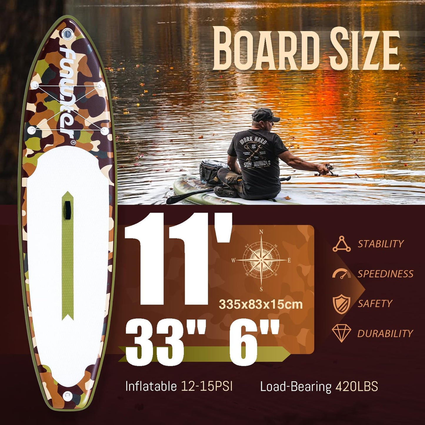 FunWater SUP Inflatable Stand Up Paddle Board Ultra-Light Inflatable Paddleboard with SUP Accessories,Fins,Adjustable Paddle, Pump,Backpack, Leash, Waterproof Phone Bag(Brown)