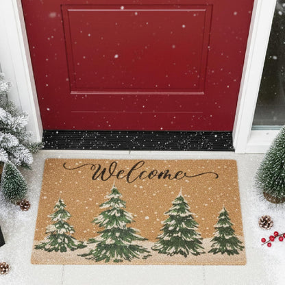 Winter Welcome Mats for Front Door, Faux-Coir Pinetree Door Mat 17x30 inch