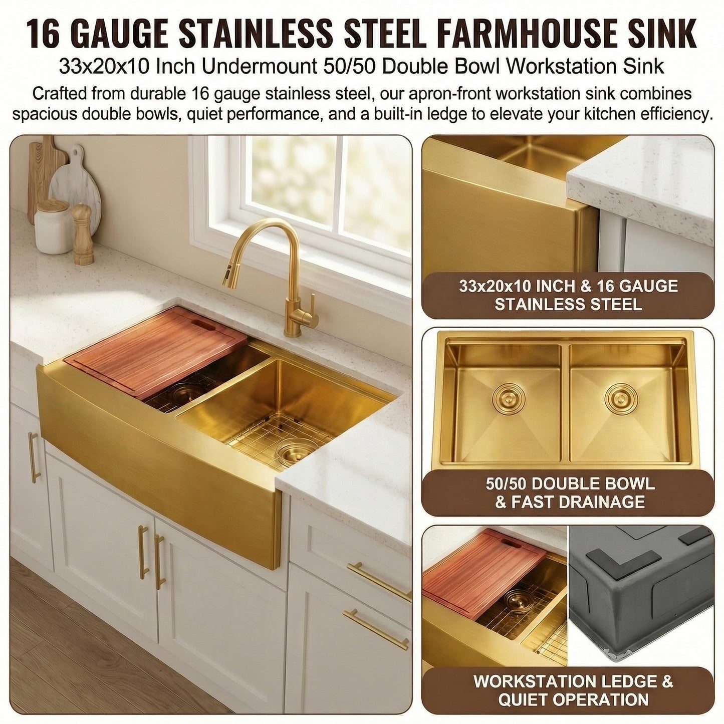MILOSEN Gold Farmhouse Kitchen Sink, 33x20x10 Inch 50/50 Double Bowl Apron Front Undermount Sink, Gold Stainless Steel Workstation Farm Sinks with Ledge & Accessories, 10'' Deep Handmade Kitchen Sinks