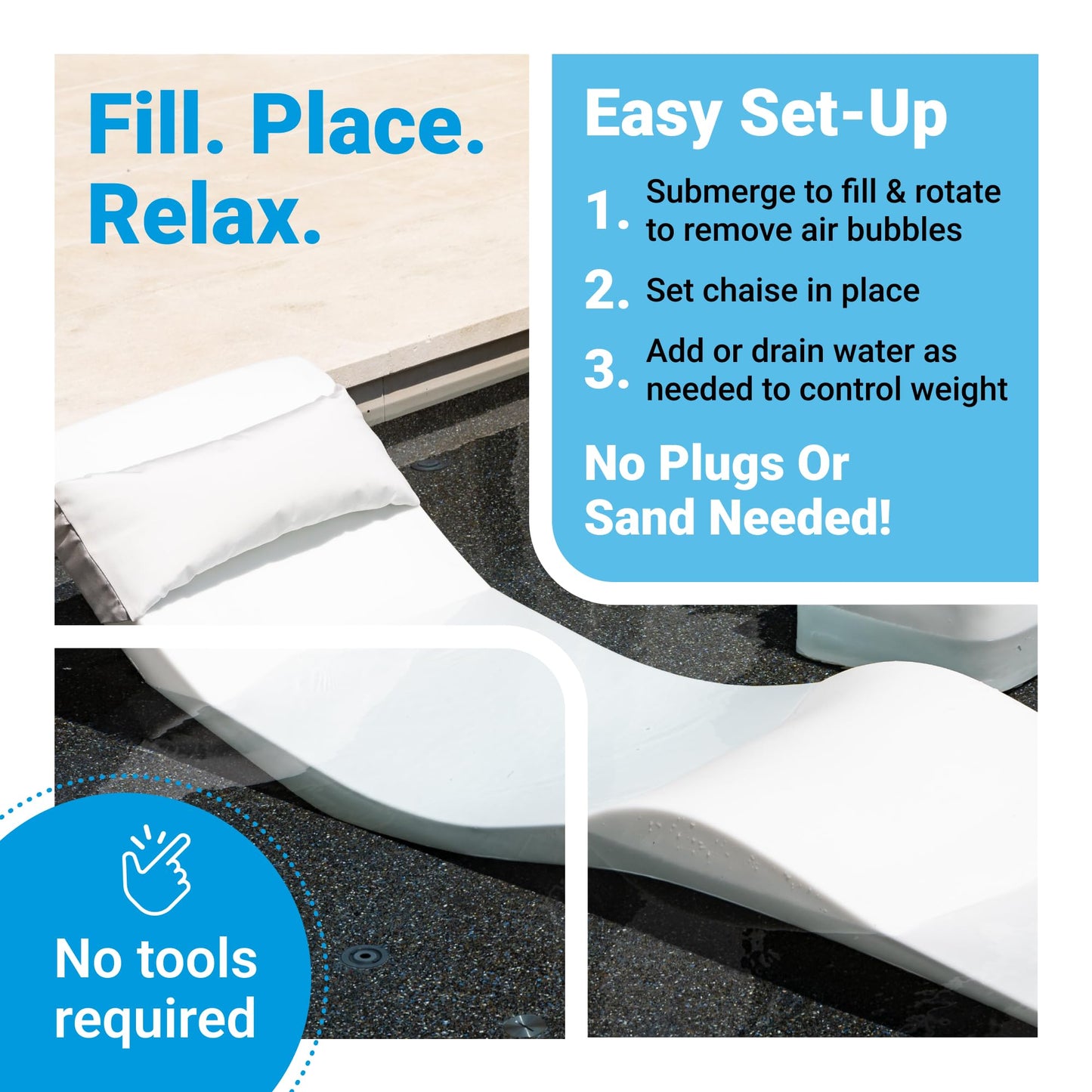 Aqua Outdoors Pool Chaise Lounge Chairs for Ledge & Shelf, Water-Weighted Pool Lounger for Depths Up to 9”, No Screw Plugs & Tools Needed, Classic White Ledge Lounger, Set of 2